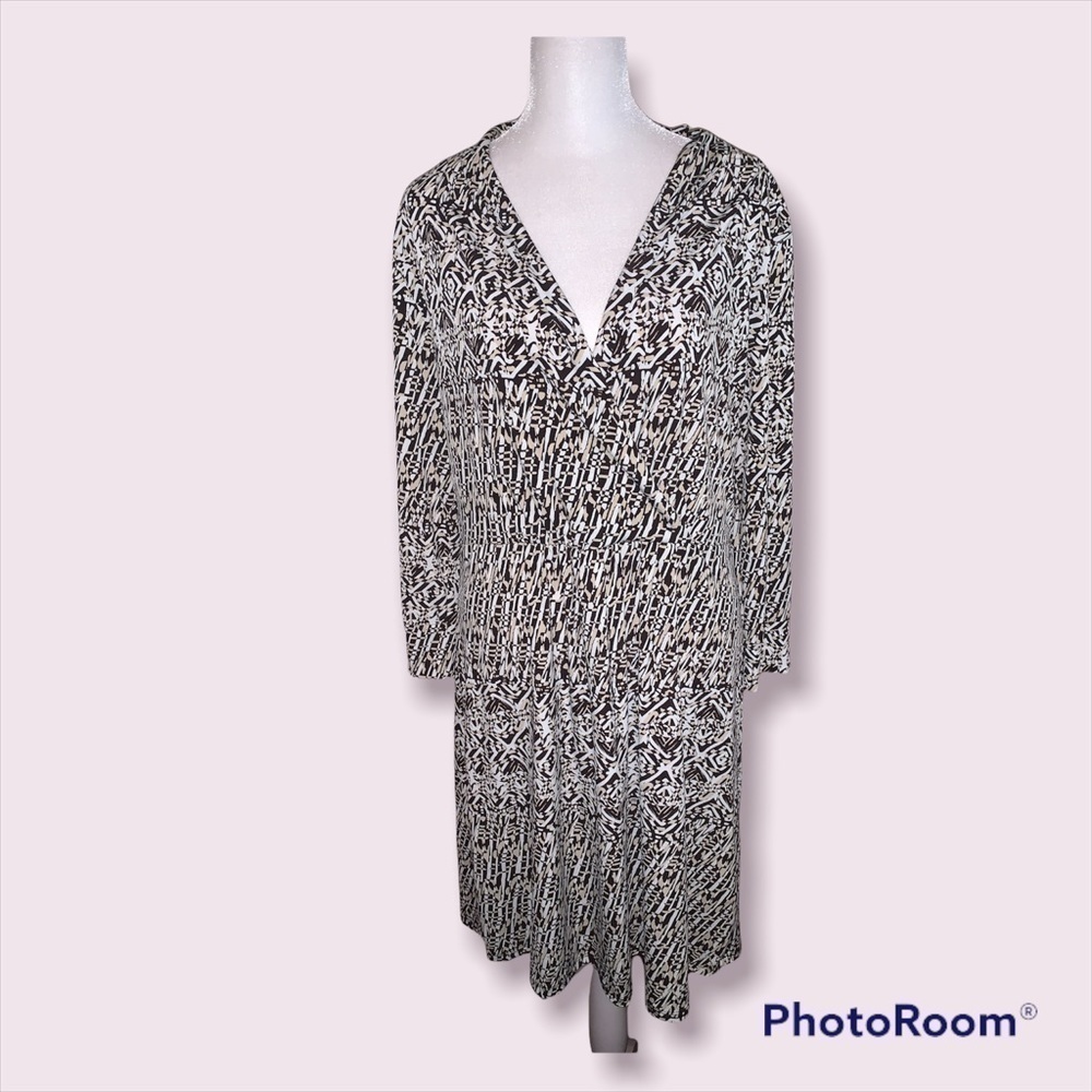 TAHARI ARTHUR‎ S LEVINE Abstract Print V Neck Long Sleeve Dress Women Size L